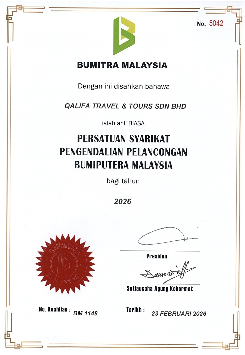 Sijil Persatuan Syarikat Pelancongan Bumiputera